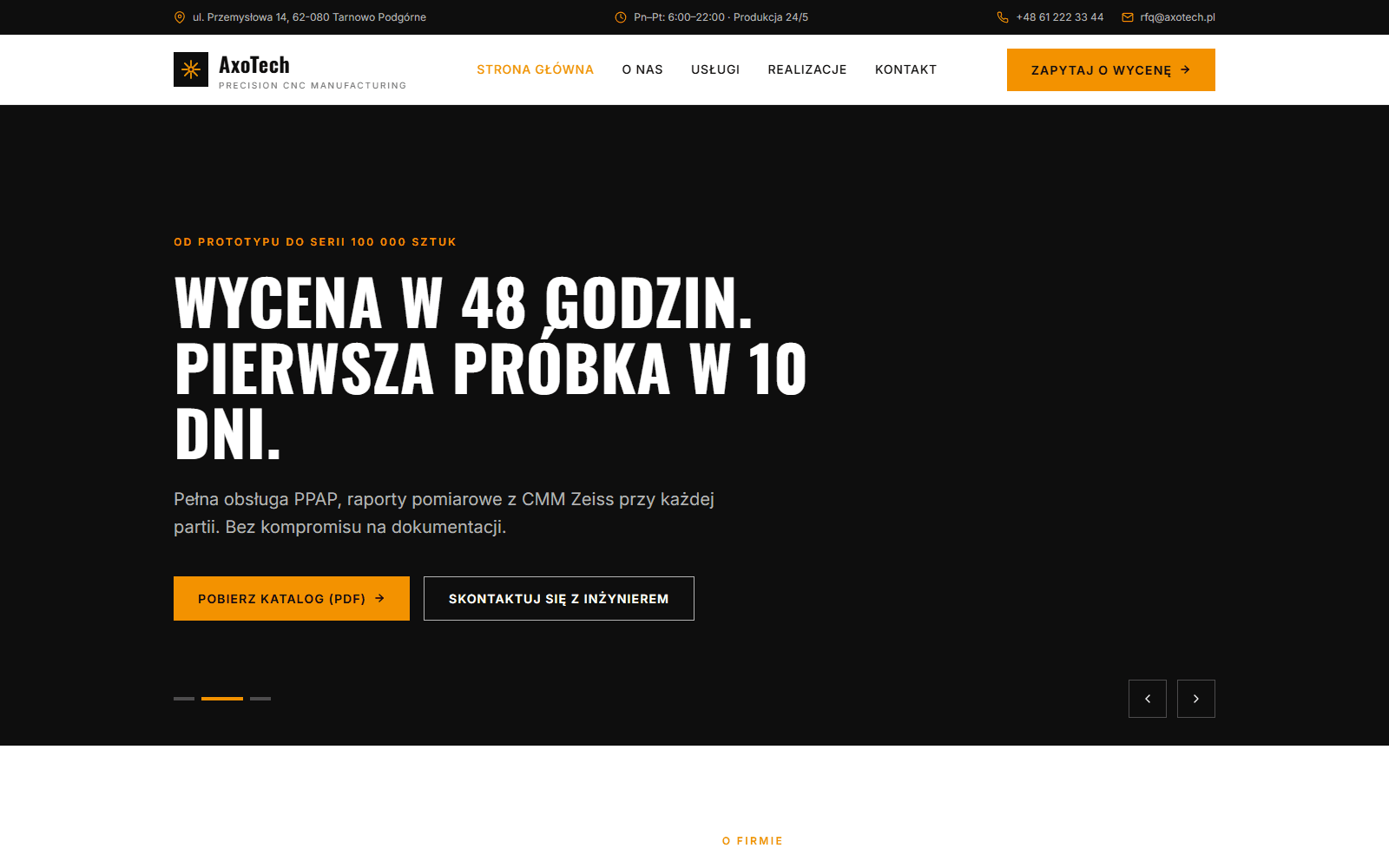AxoTech Precision website — hero section with the CNC machine park